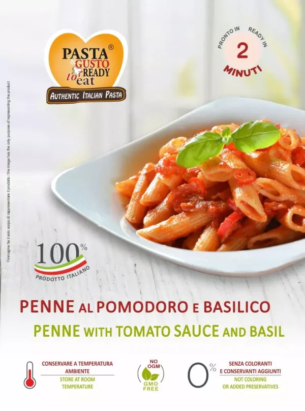 Piatto di Penne al Pomodoro e Basilico pronta in soli 2 minuti. www.fuorifrigo.com