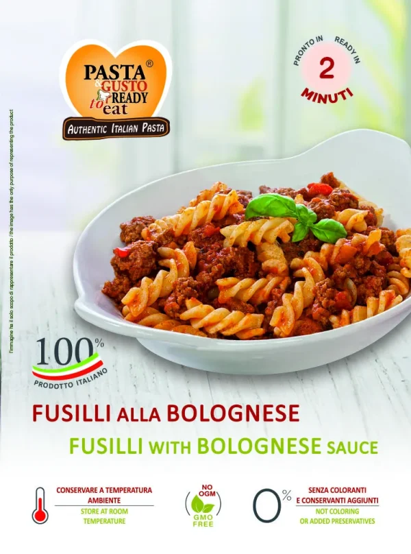 Piatto di Fusilli alla Bolognese pronta in soli 2 minuti. www.fuorifrigo.com