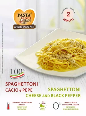 Piatto di Spaghettoni Cacio e Pepe pronta in soli 2 minuti. www.fuorifrigo.com